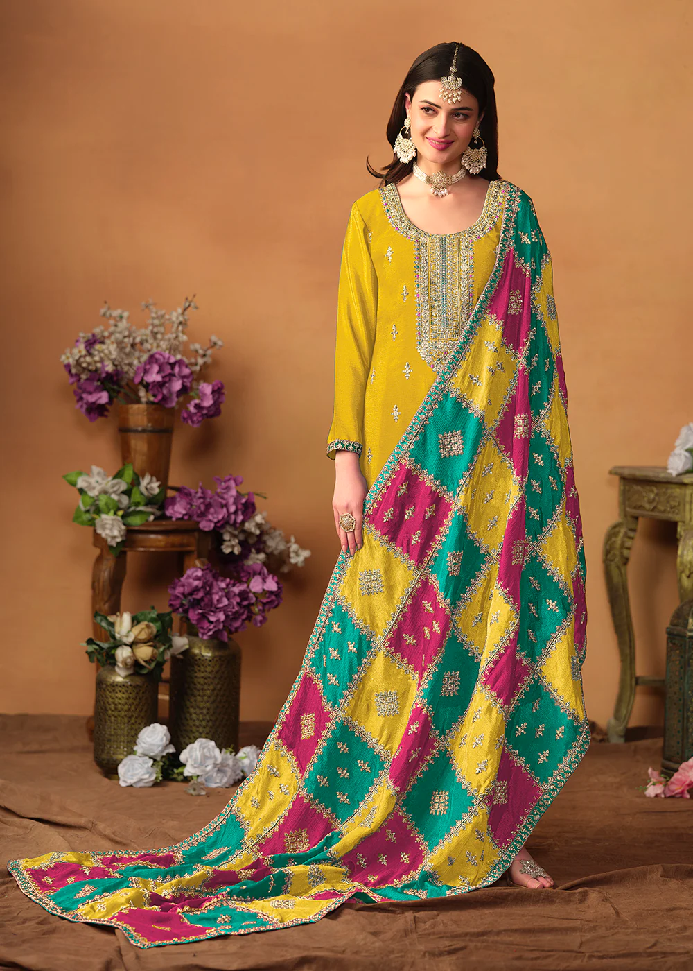 Yellow Chinnon Silk Salwar Suit with Multicolor Dupatta - Image 4