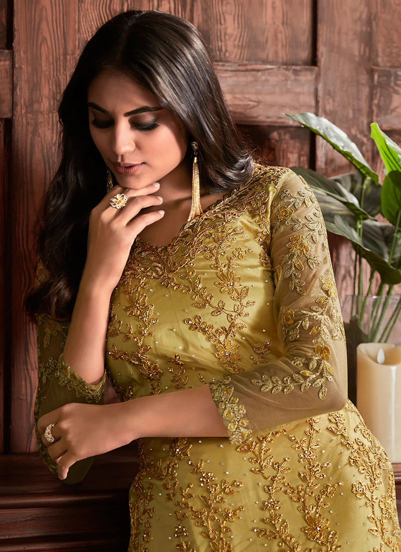 Yellow Color Embroidered Straight Pant Net Salwar Suit - Image 2