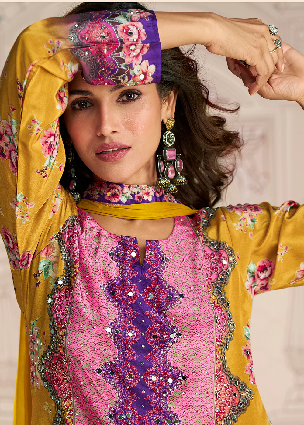 Yellow Crepe Silk Stylist Mirror Work Gharara Suit - Image 2
