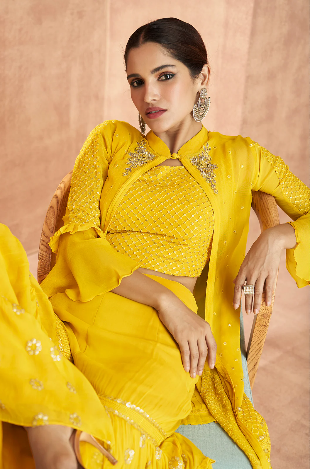 Yellow Crop Top 3 Piece Georgette Indo-Western Palazzo Suit - Image 2
