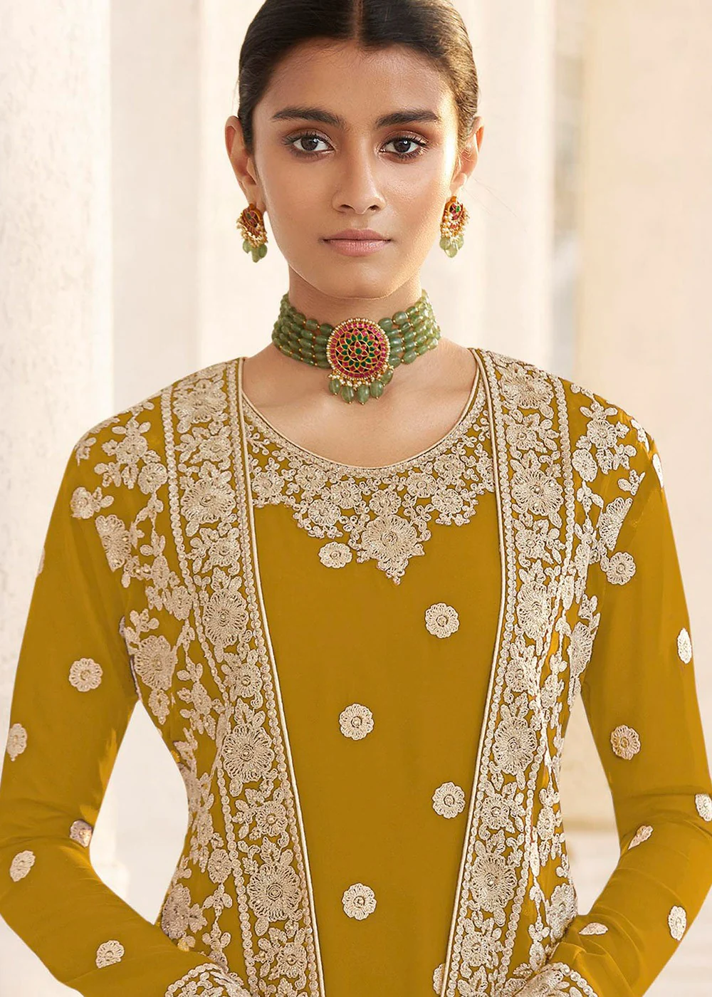 Yellow Designer Georgette Embroidered Jacket Style Suit - Image 2