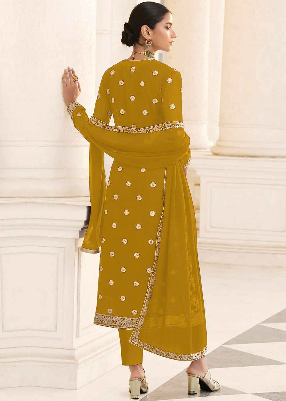 Yellow Designer Georgette Embroidered Jacket Style Suit - Image 3