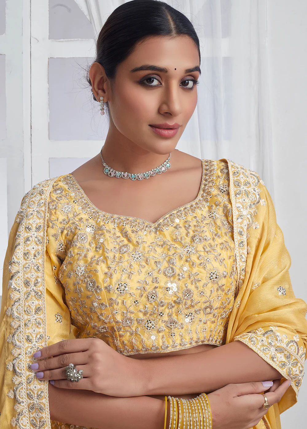 Yellow Designer Style Embroidered Wedding Lehenga Choli - Image 2