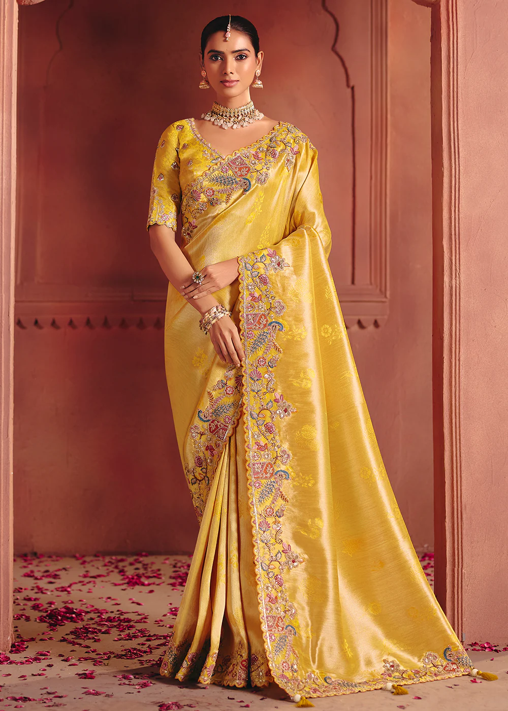 Yellow Designer Style Embroidered Wedding Saree
