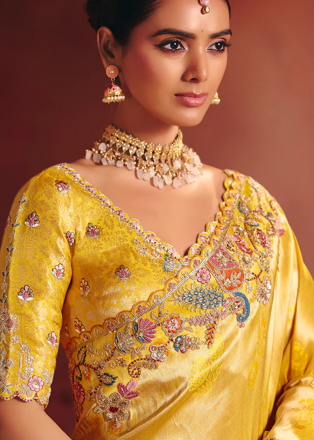 Yellow Designer Style Embroidered Wedding Saree - Image 2