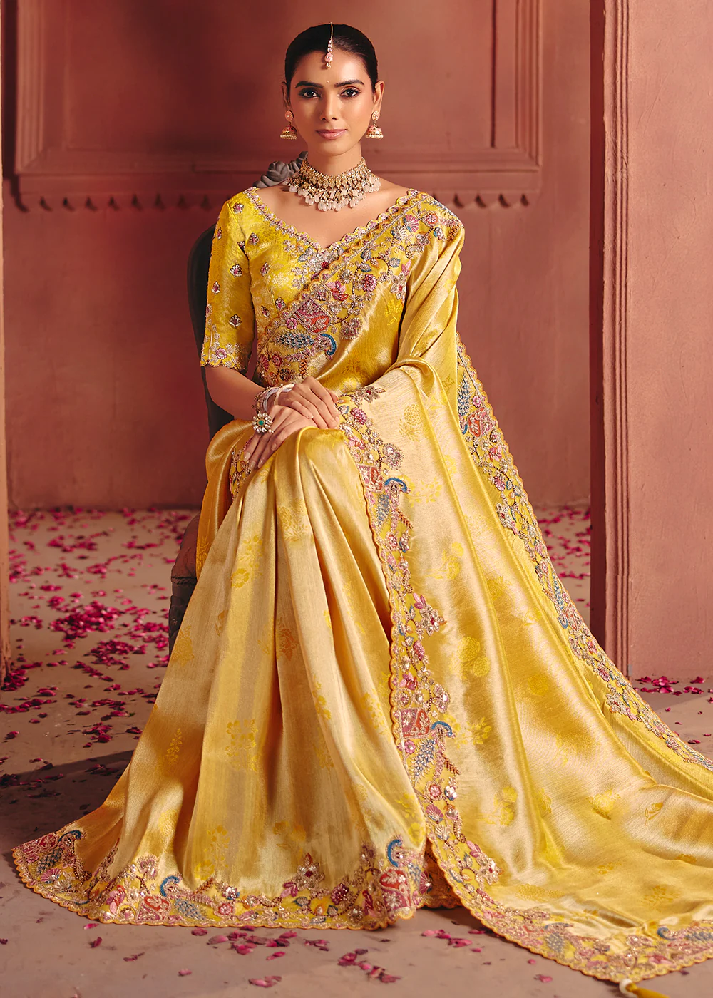 Yellow Designer Style Embroidered Wedding Saree - Image 3