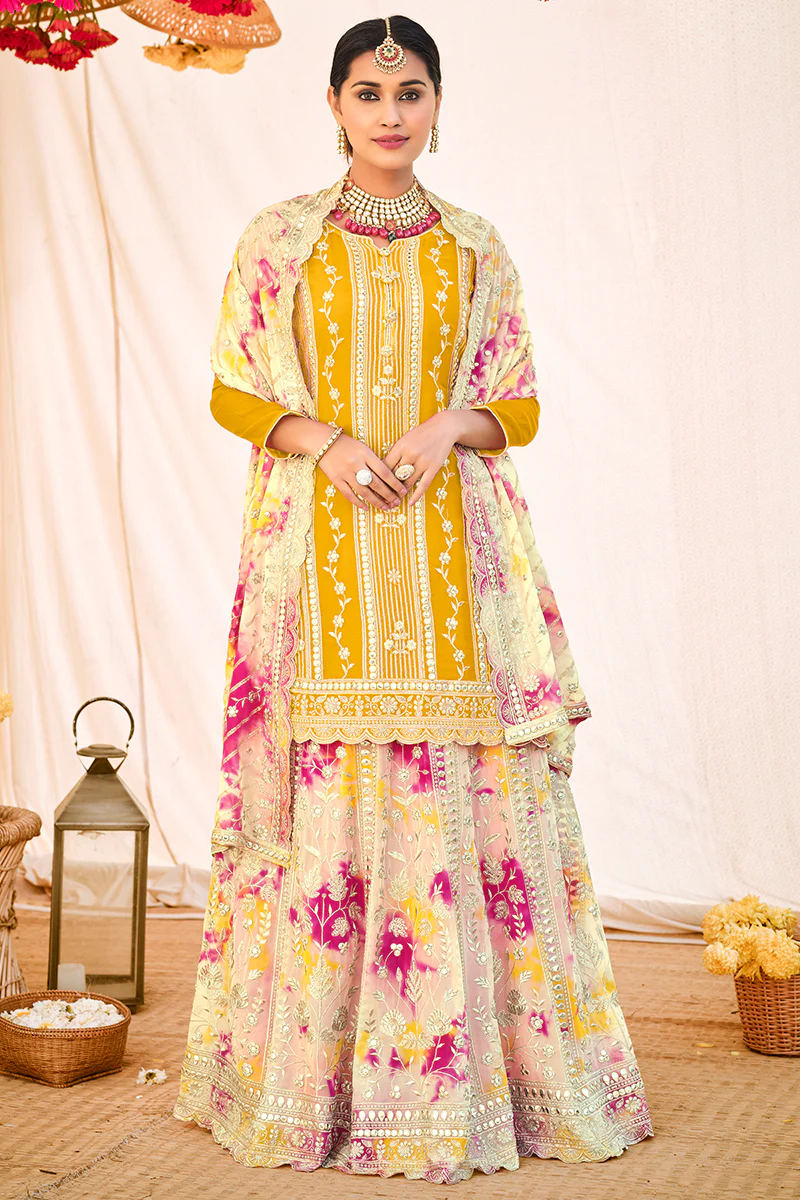 Yellow Digital Print Embroidered Kurti Style Lehenga