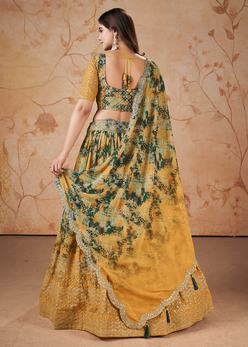 Yellow Digital Print & Sequins Wedding Festive Lehenga Choli - Image 3