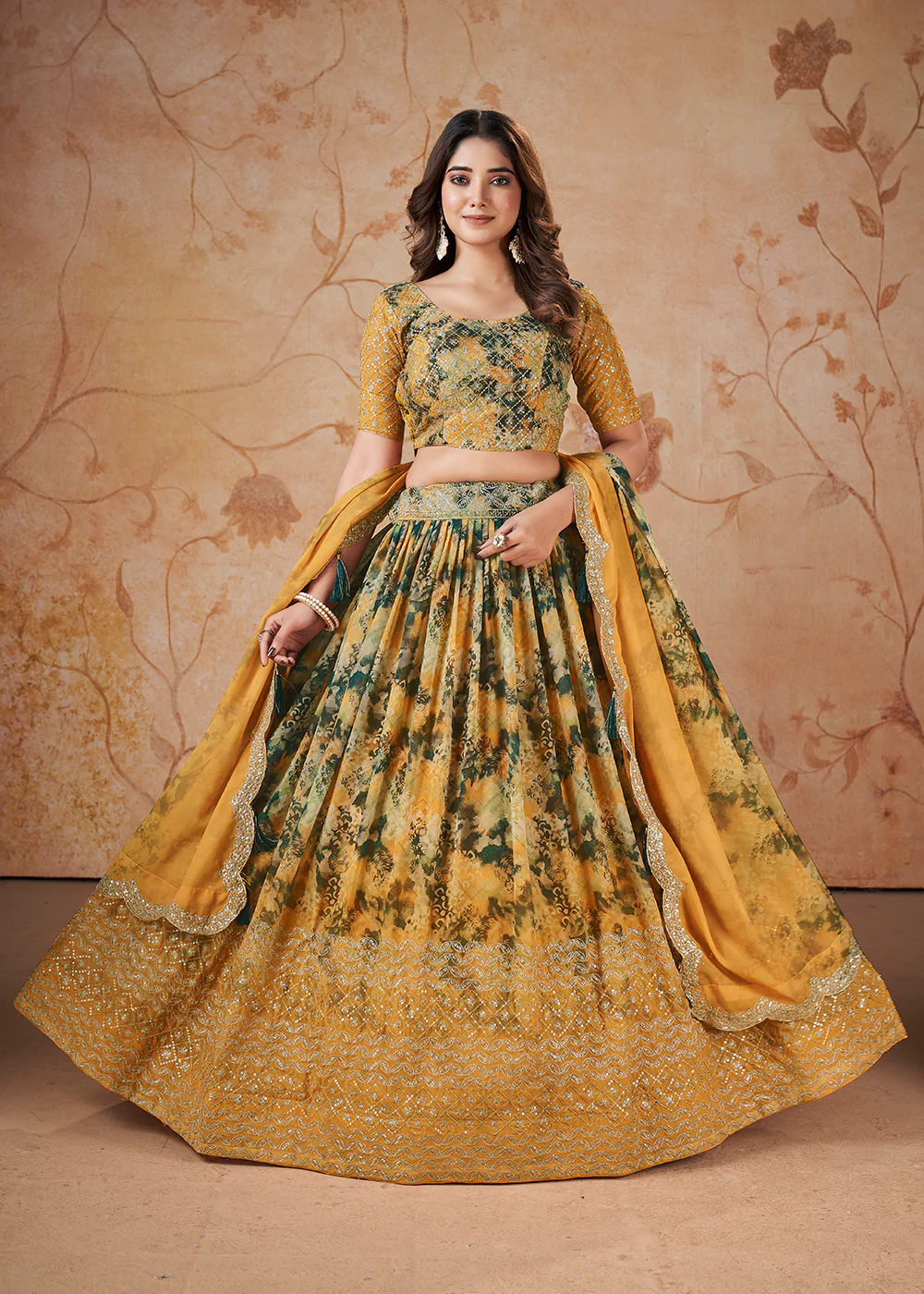 Yellow Digital Print & Sequins Wedding Festive Lehenga Choli - Image 4