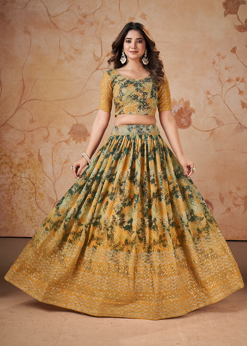 Yellow Digital Print & Sequins Wedding Festive Lehenga Choli - Image 5