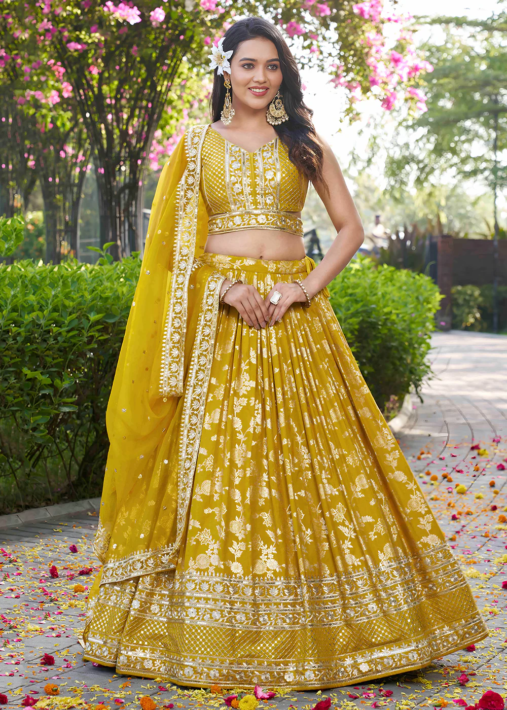 Yellow Dola Silk Jacquard Festive Party Lehenga Choli
