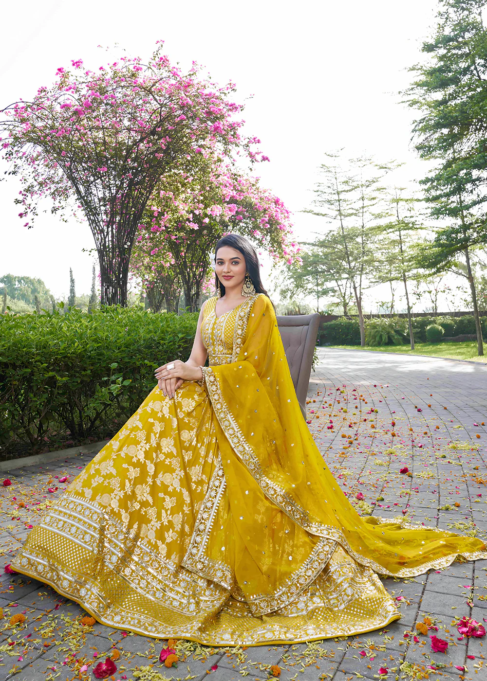 Yellow Dola Silk Jacquard Festive Party Lehenga Choli - Image 4