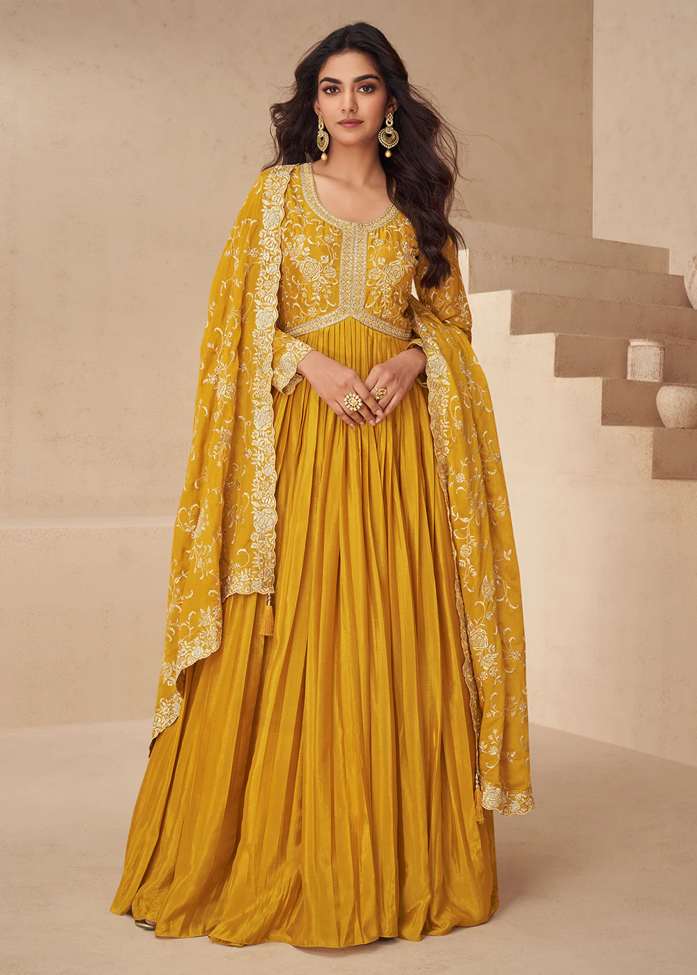 Yellow Embroidered Chinnon Festive Anarkali Dress