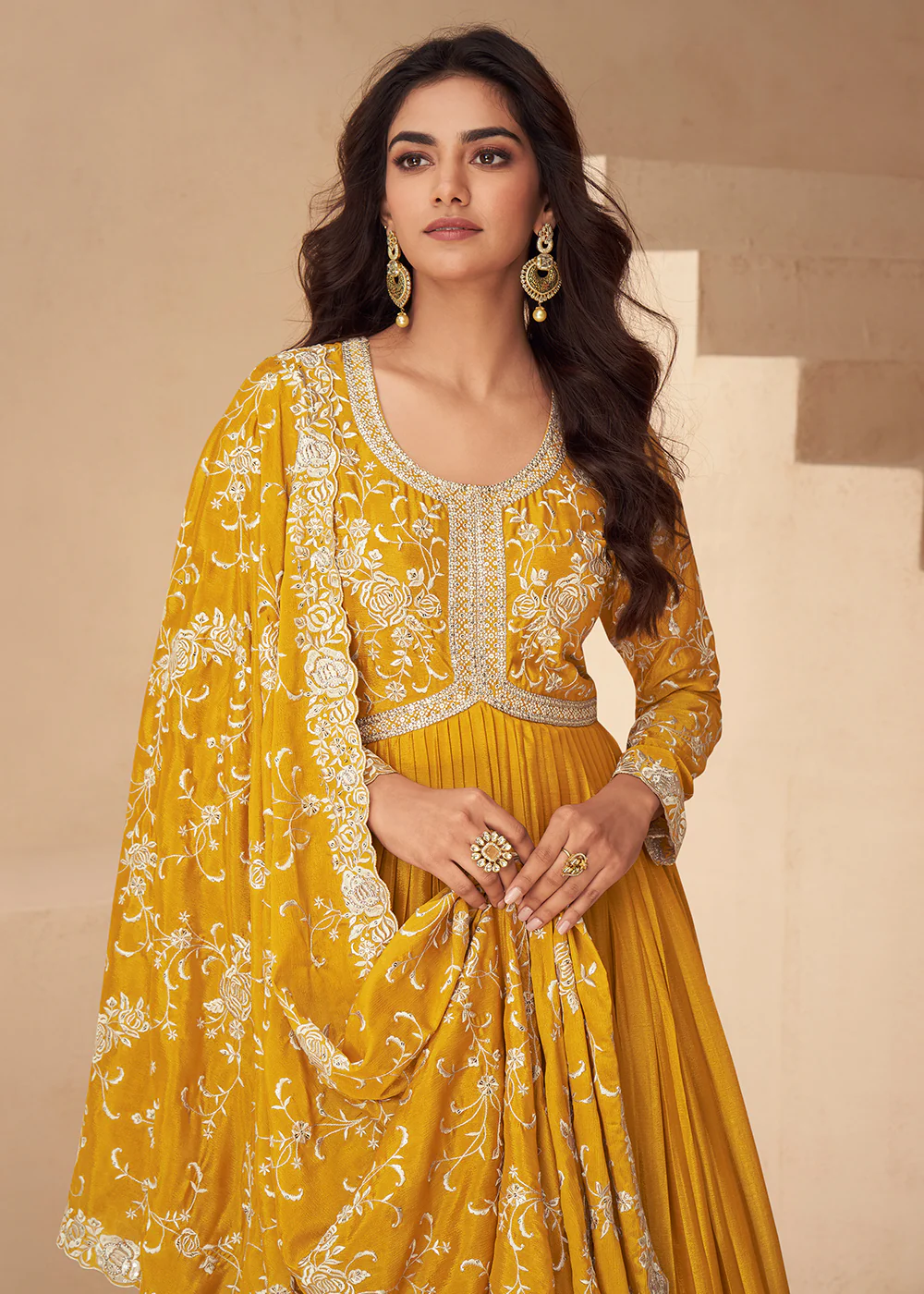 Yellow Embroidered Chinnon Festive Anarkali Dress - Image 2
