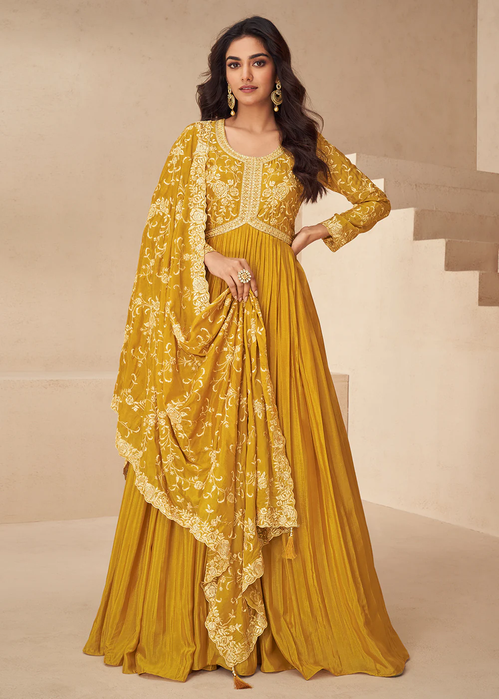 Yellow Embroidered Chinnon Festive Anarkali Dress - Image 3