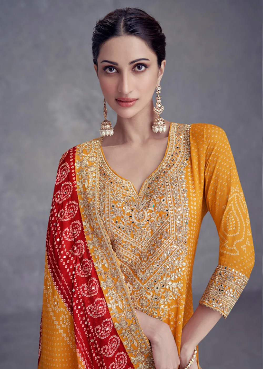 Yellow Embroidered Chinnon Wedding Style Palazzo Suit - Image 2