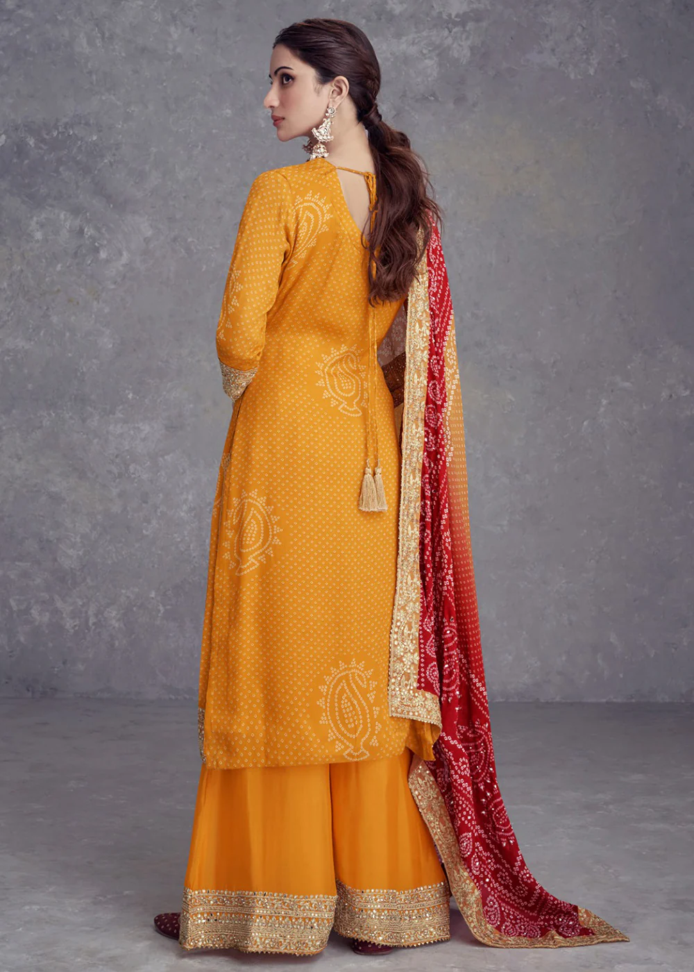 Yellow Embroidered Chinnon Wedding Style Palazzo Suit - Image 3