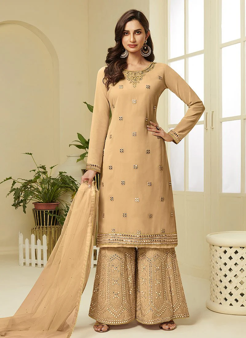 Yellow Embroidered Faux Georgette Gota Work Sharara Suit