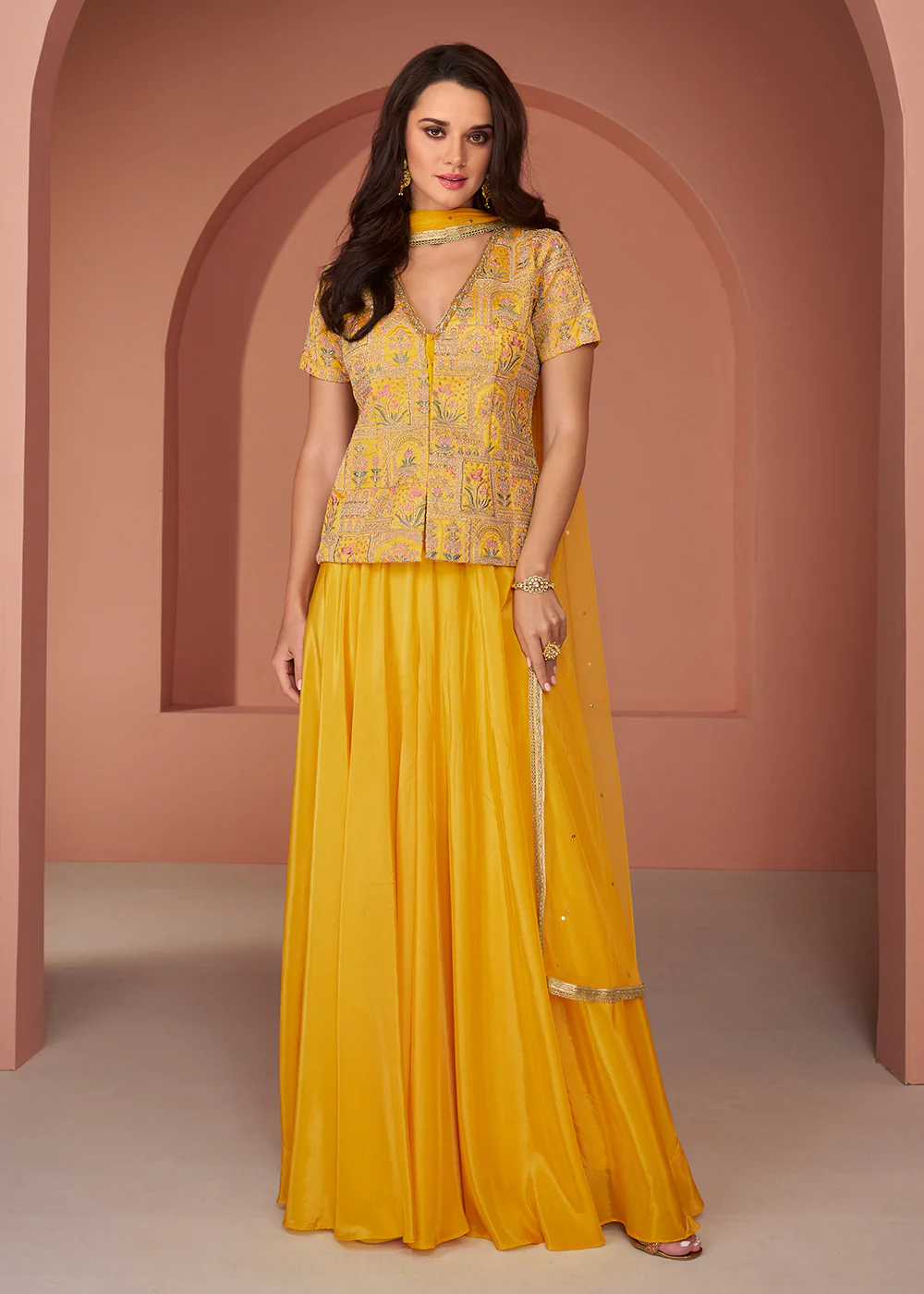 Yellow Embroidered Georgette Indo Wester Palazzo Suit