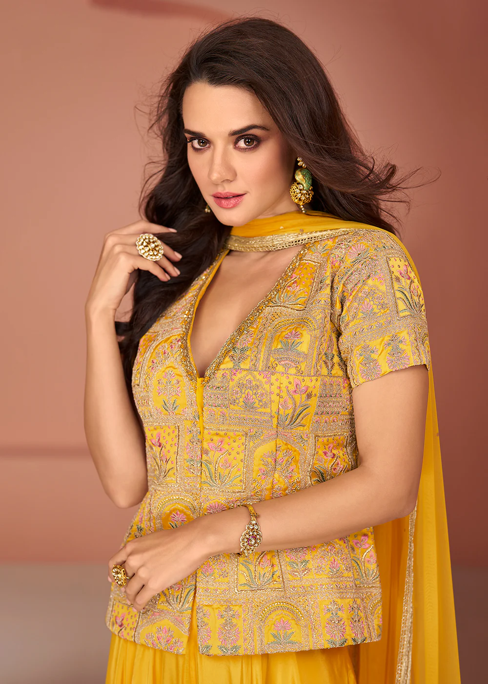 Yellow Embroidered Georgette Indo Wester Palazzo Suit - Image 2