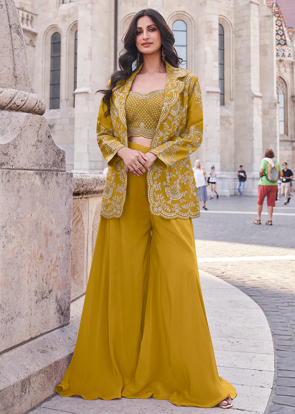 Yellow Embroidered Jacket Style Indo Western Suit