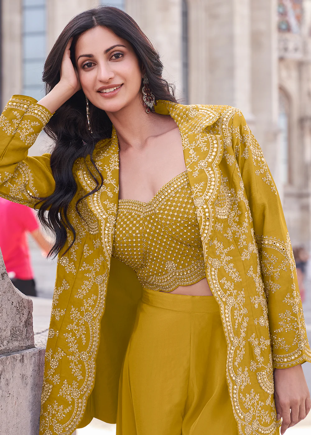 Yellow Embroidered Jacket Style Indo Western Suit - Image 2