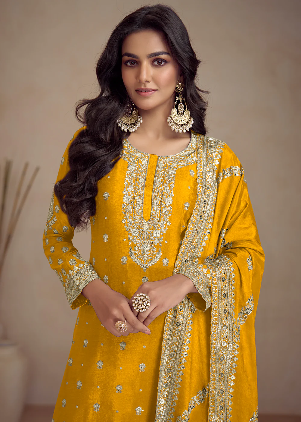 Yellow Embroidered Real Chinnon Designer Palazzo Suit - Image 2