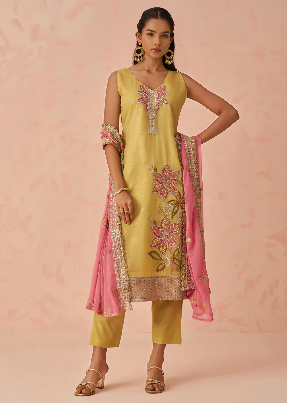 Yellow Fancy Crush Embroidered Festive Salwar Kurta Suit
