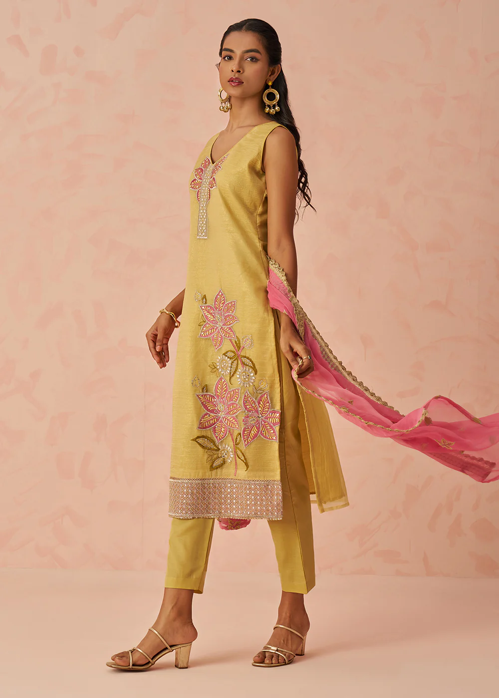 Yellow Fancy Crush Embroidered Festive Salwar Kurta Suit - Image 4