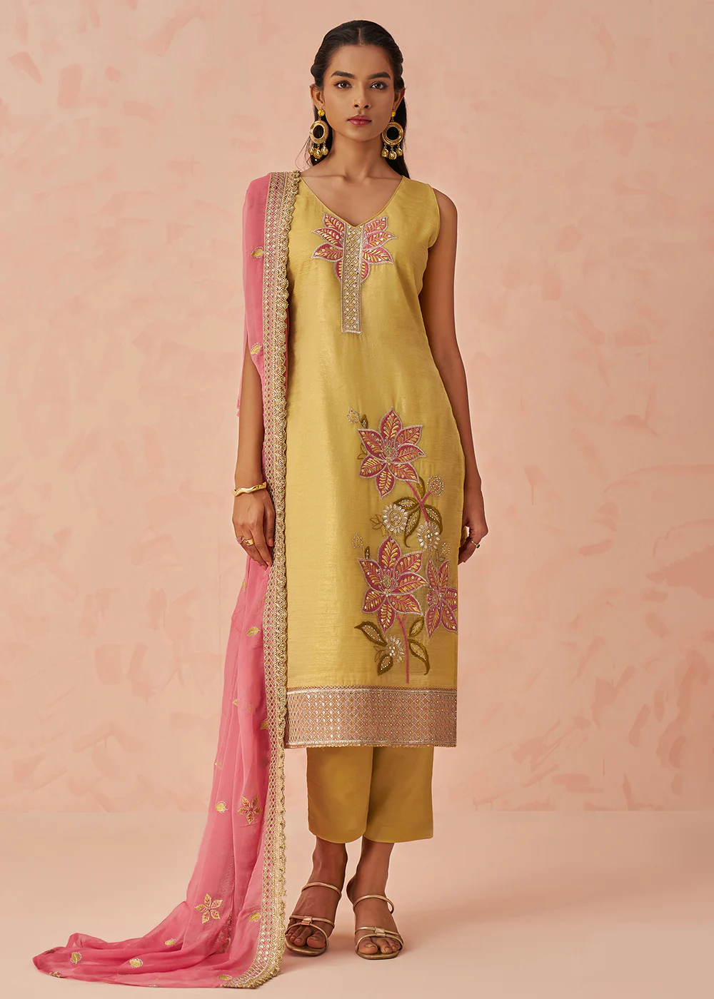 Yellow Fancy Crush Embroidered Festive Salwar Kurta Suit - Image 6