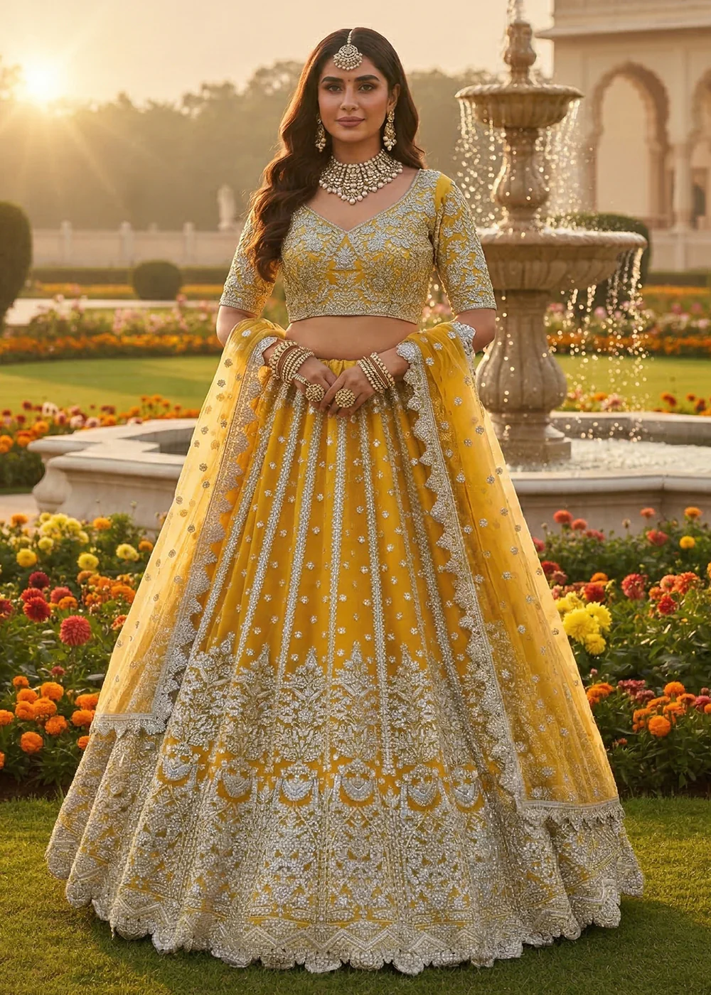 Yellow Fancy Dori & Sequins Net Wedding Lehenga Choli