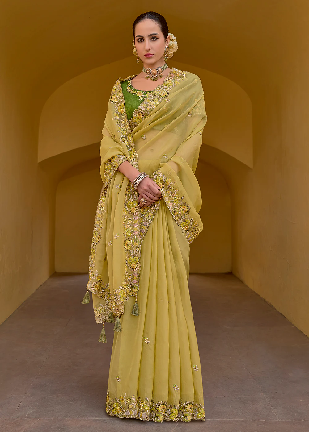 Yellow Fancy Tissue Organza Silk Designer Saree - Image 4