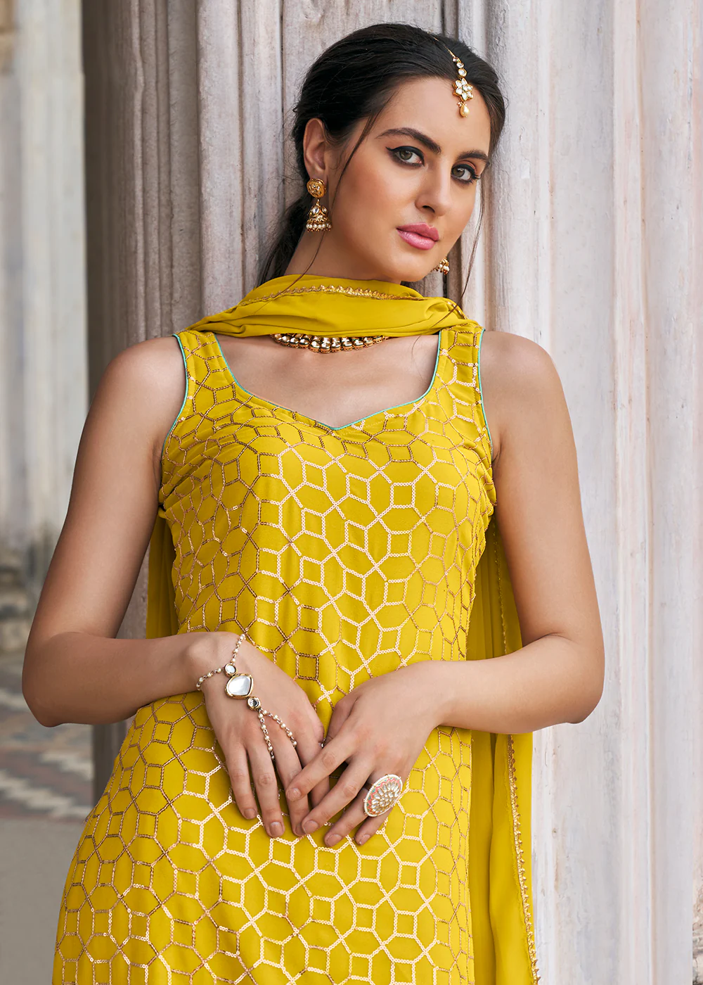 Yellow Faux Georgette Festive Gharara Style Suit - Image 2