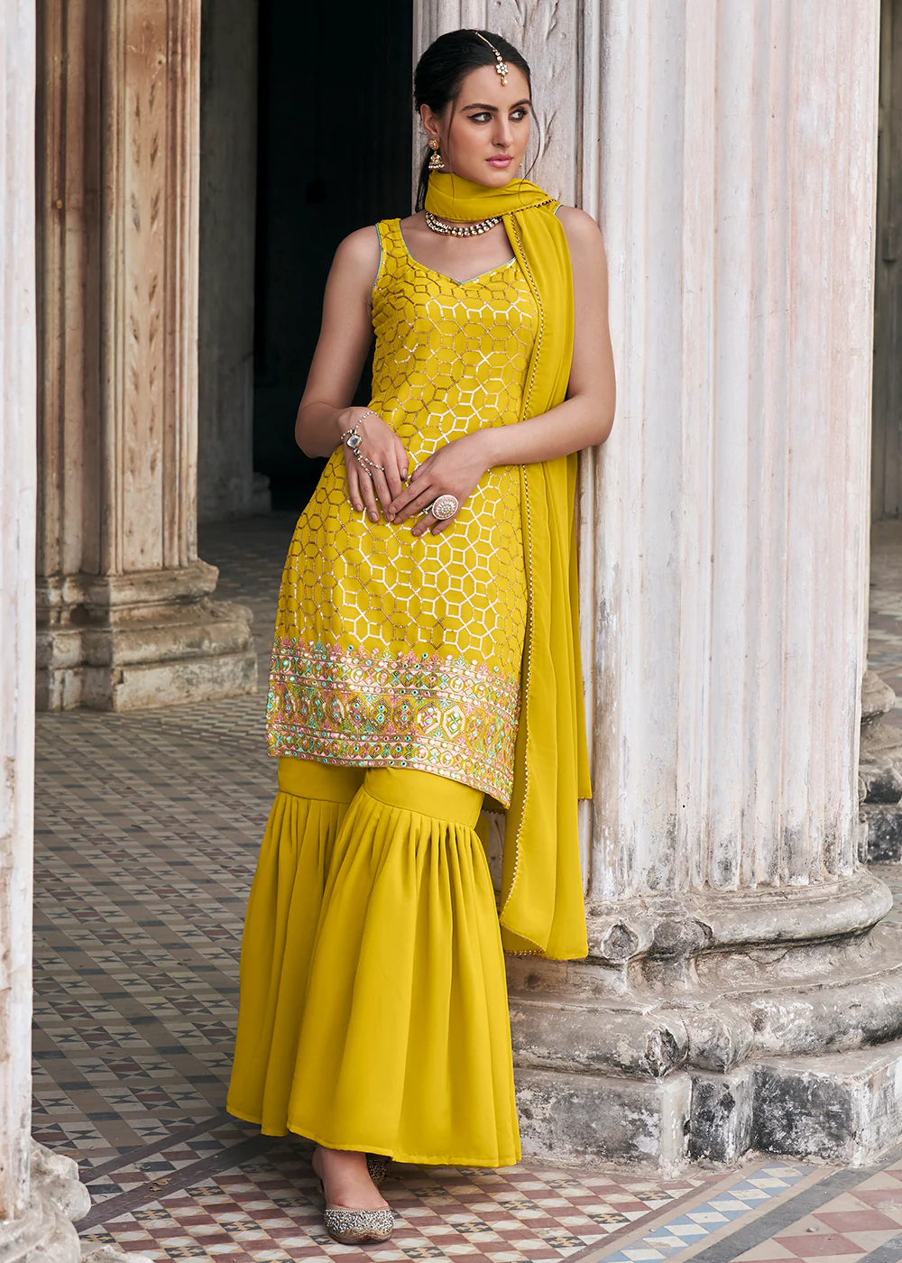 Yellow Faux Georgette Festive Gharara Style Suit - Image 3