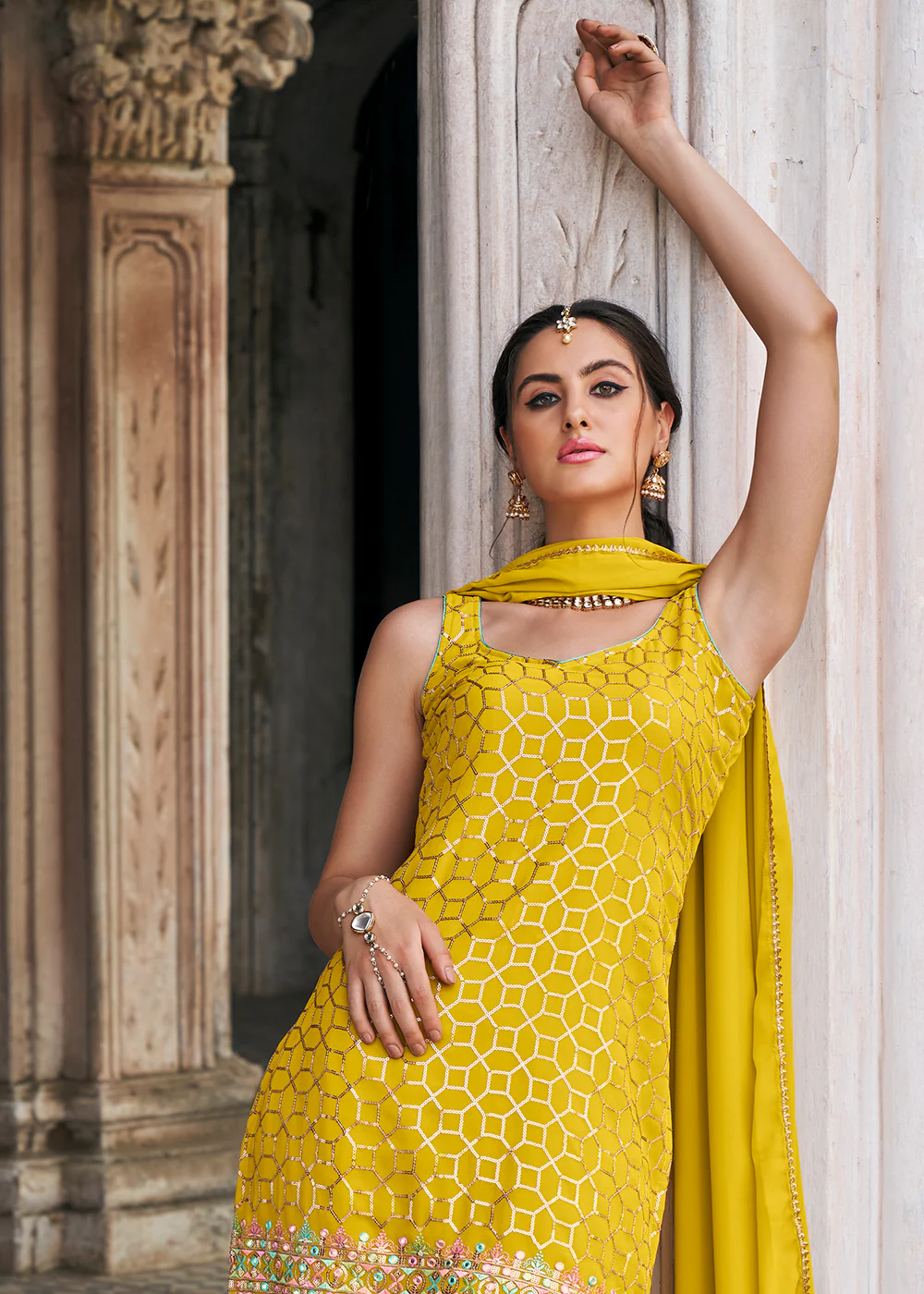 Yellow Faux Georgette Festive Gharara Style Suit - Image 4