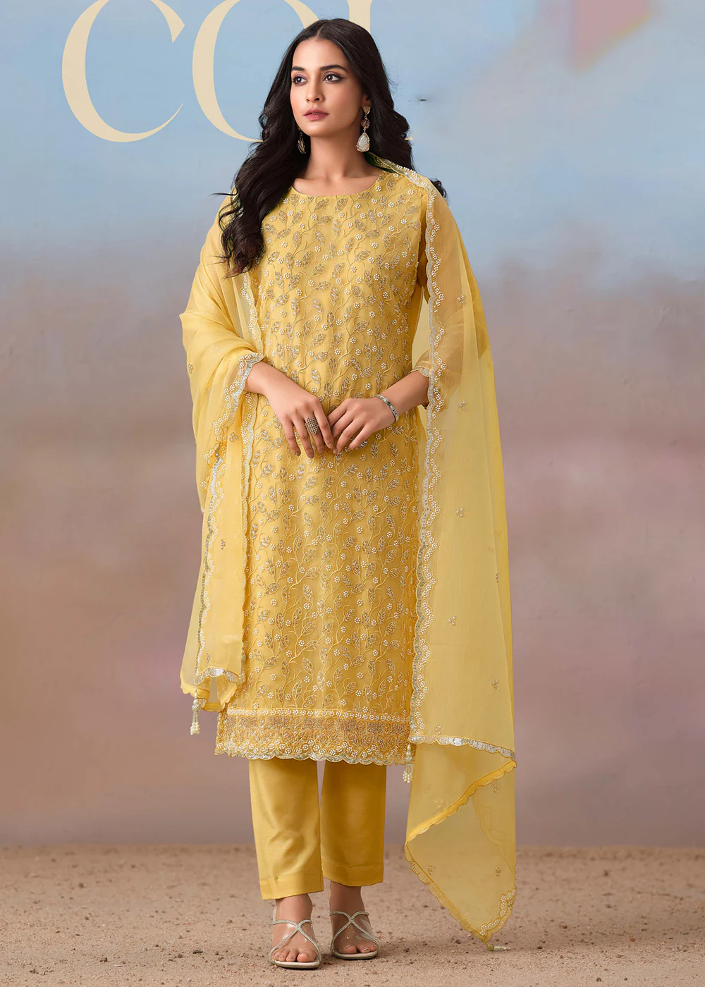 Yellow Festive Style Beads Work Chiffon Salwar Suit