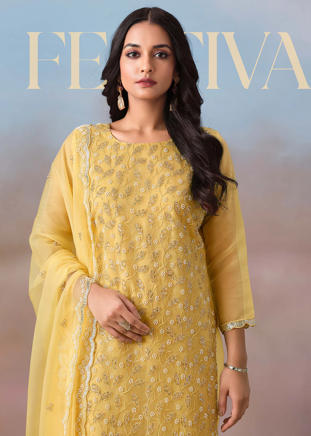 Yellow Festive Style Beads Work Chiffon Salwar Suit - Image 2