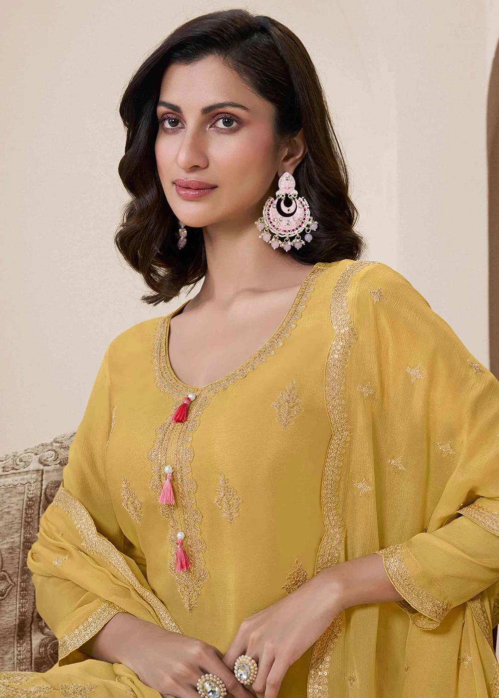 Yellow Festive Style Embroidered Chinnon Palazzo Suit - Image 2