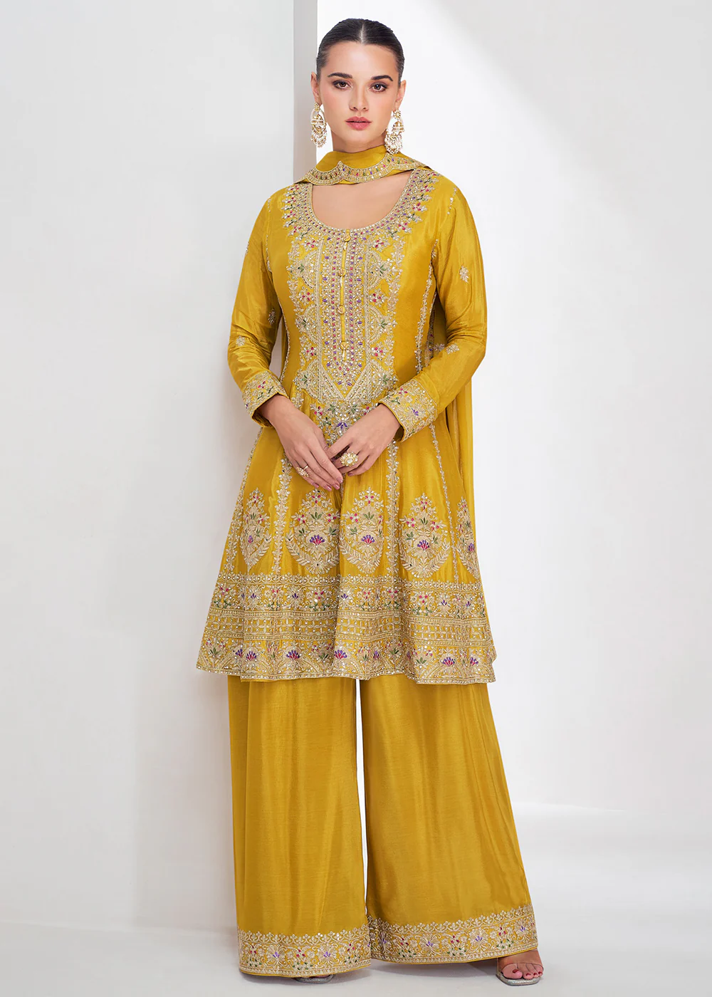 Yellow Festive Style Embroidered Trendy Palazzo Suit