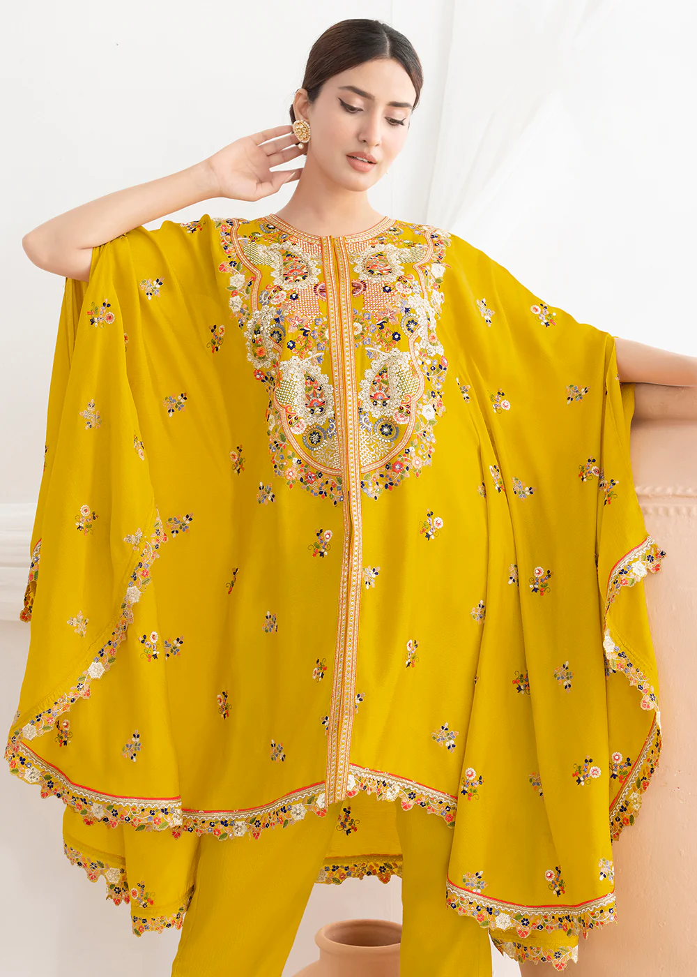 Yellow Floral Embroidered Kaftan Style Dress - Image 2
