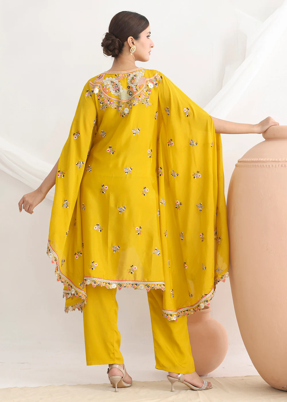 Yellow Floral Embroidered Kaftan Style Dress - Image 3