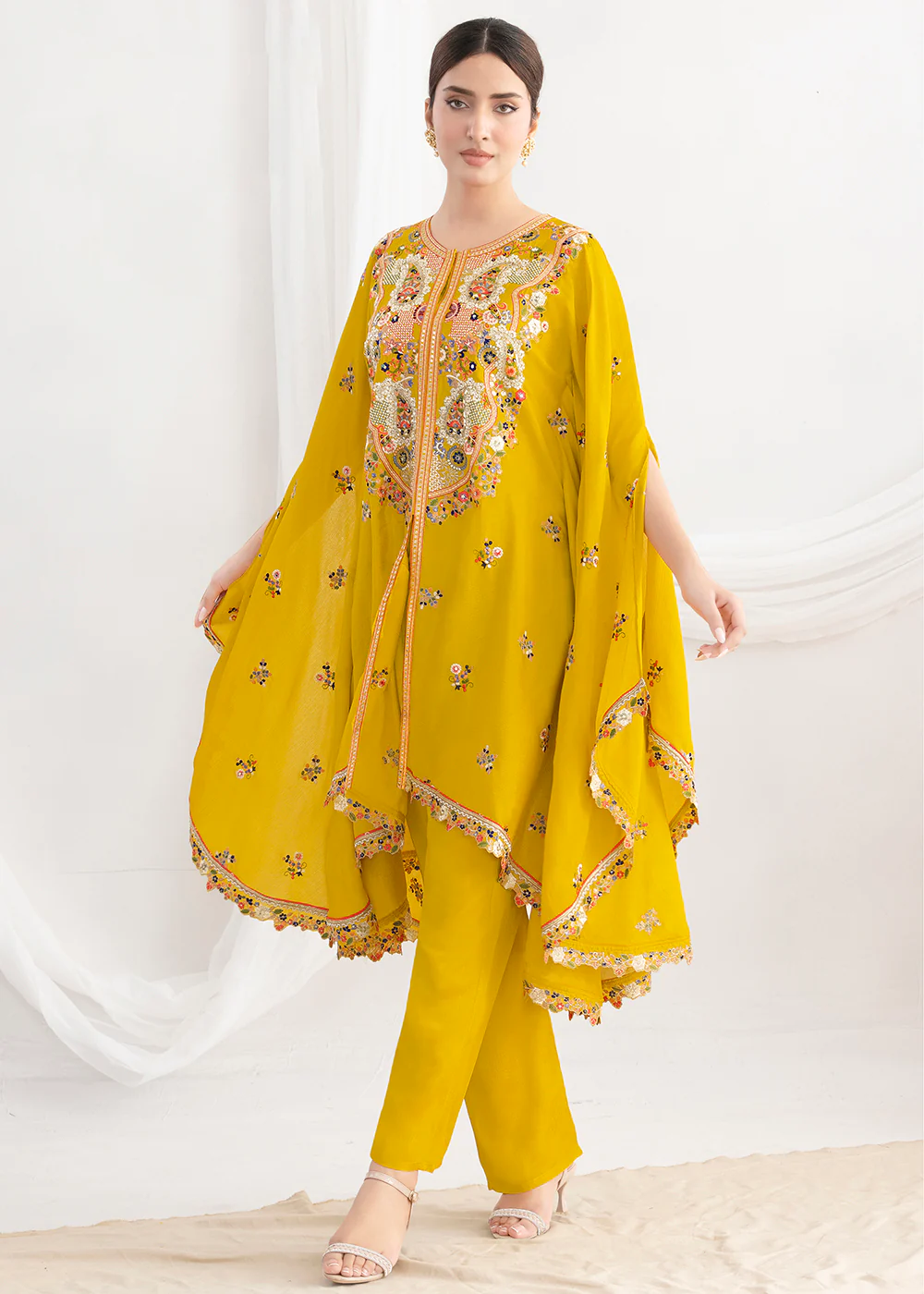 Yellow Floral Embroidered Kaftan Style Dress - Image 4