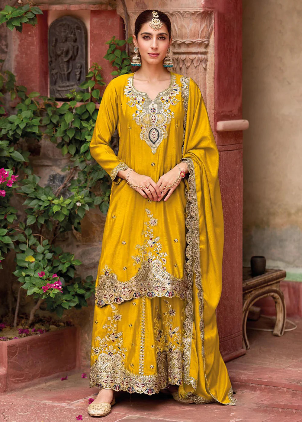Yellow Foil Work Chinnon Silk Palazzo Style Suit