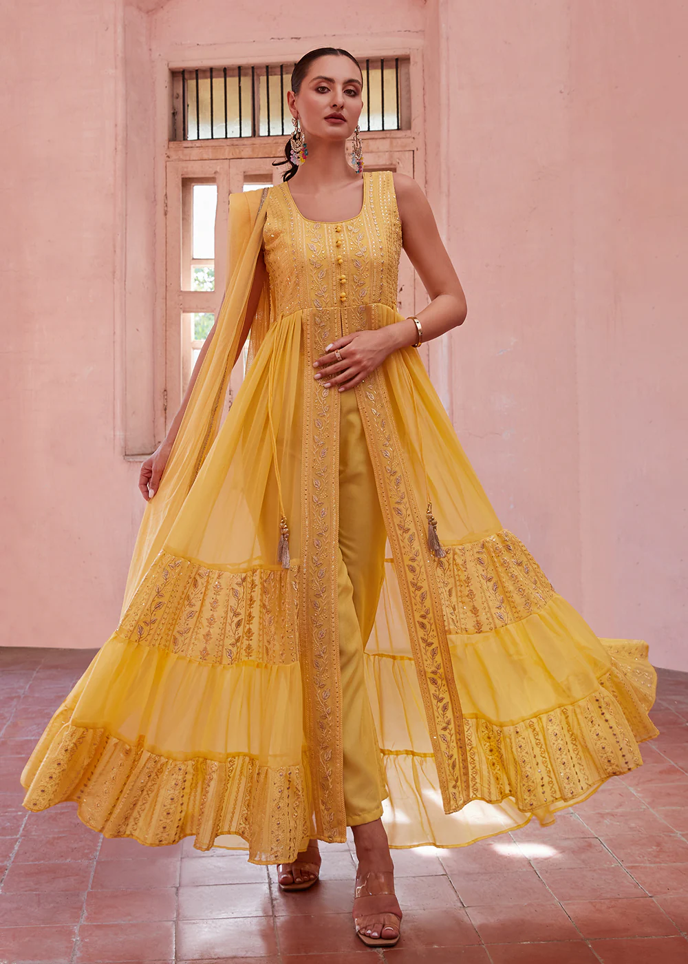 Yellow Front Slit Style Pant Style Party Wear Suit - Image 5