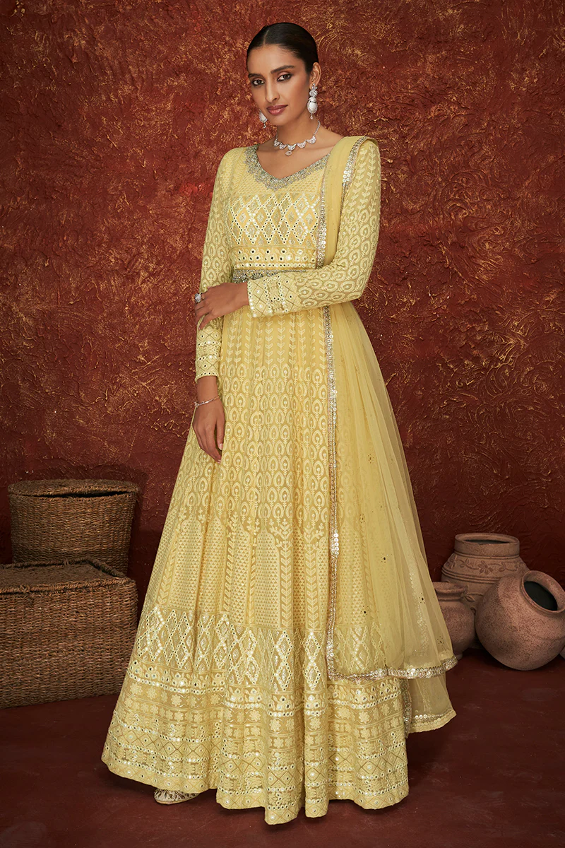 Yellow Georgette Long Embroidered Anarkali Suit