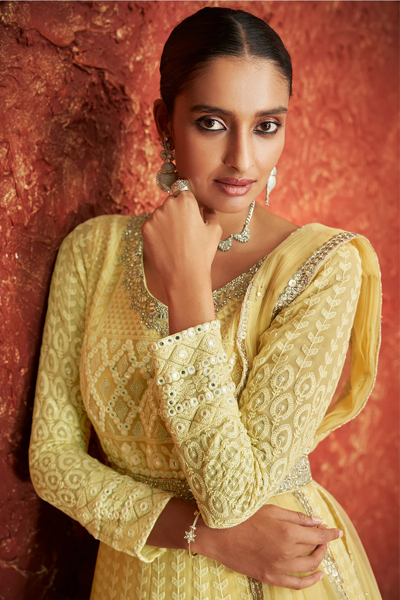 Yellow Georgette Long Embroidered Anarkali Suit - Image 2