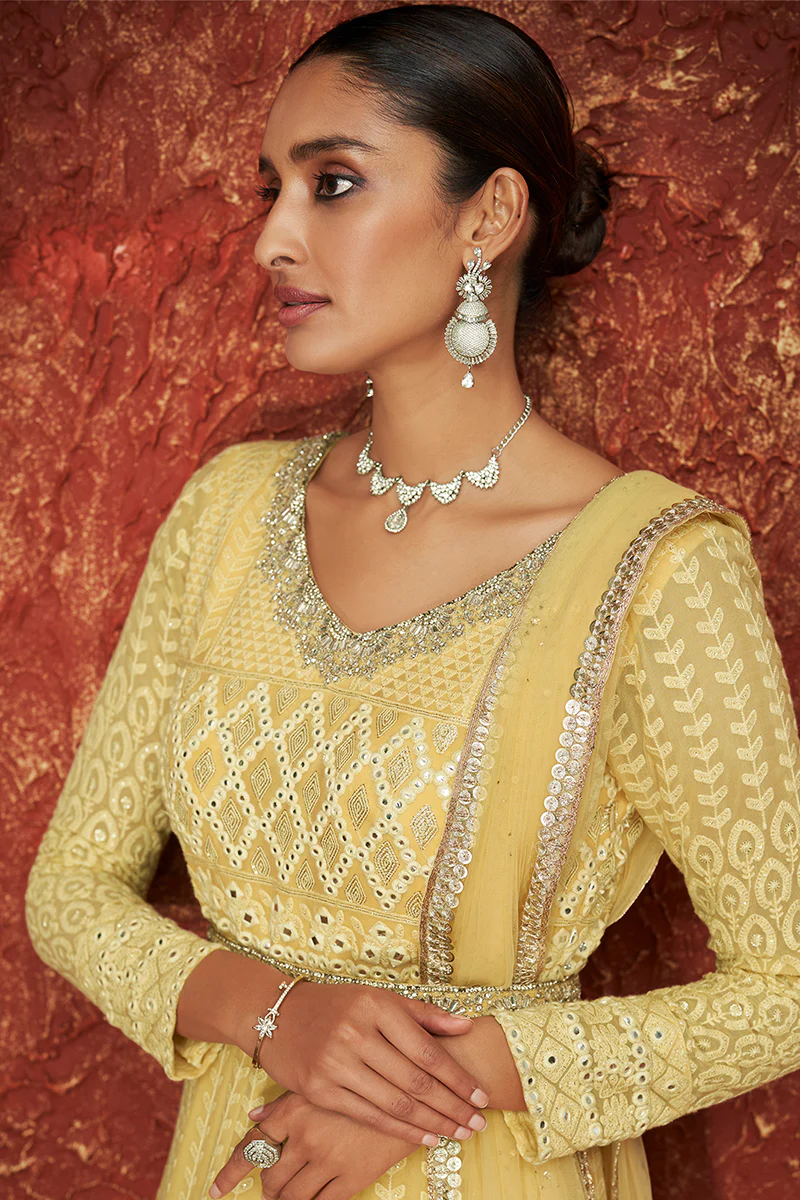 Yellow Georgette Long Embroidered Anarkali Suit - Image 3