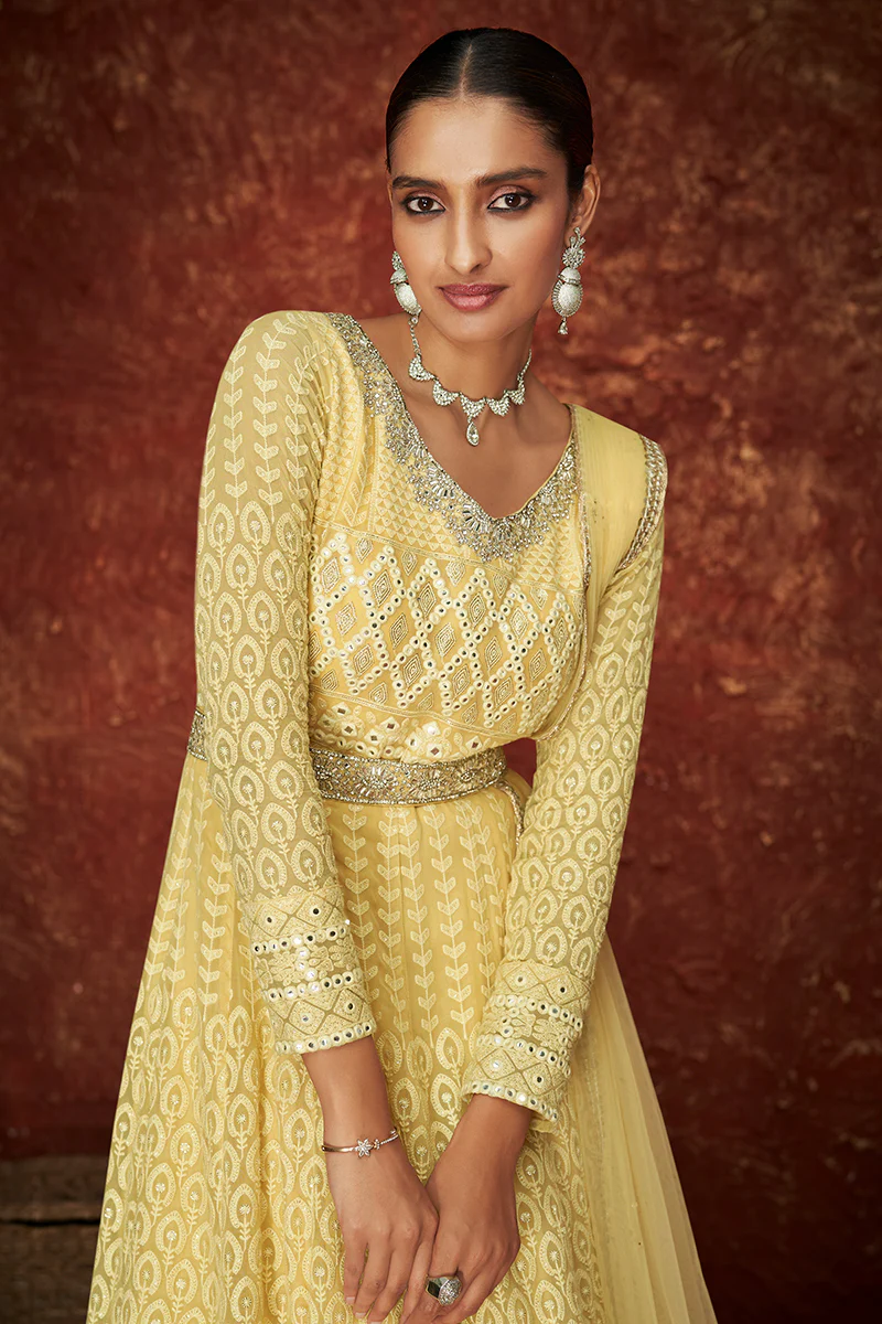 Yellow Georgette Long Embroidered Anarkali Suit - Image 4