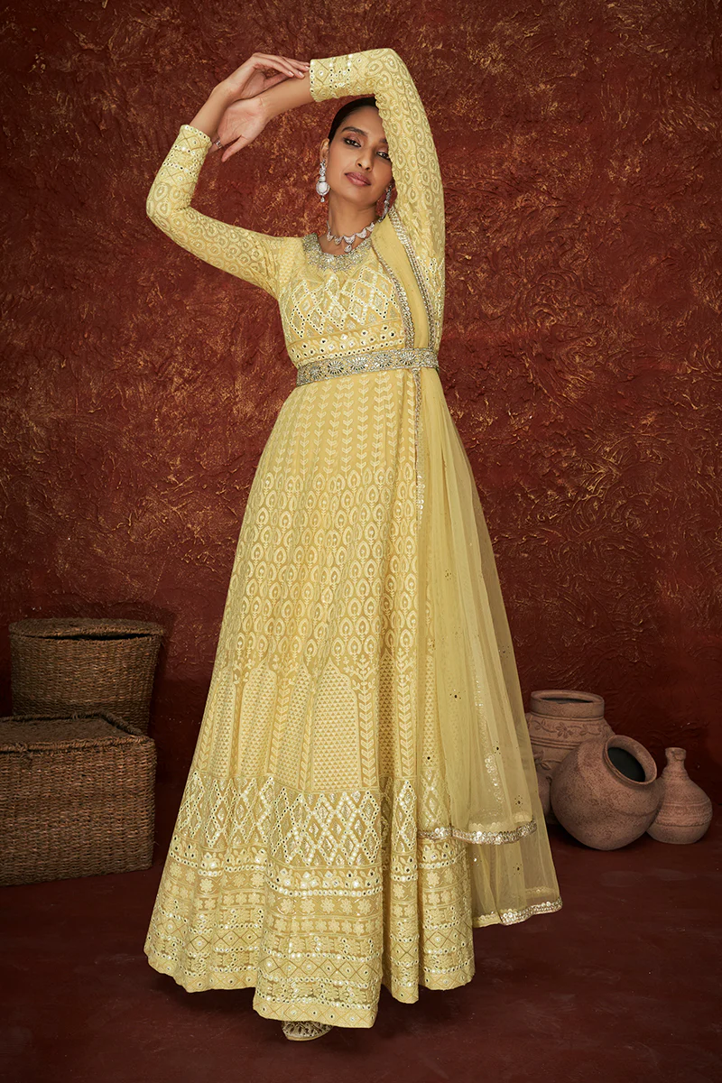 Yellow Georgette Long Embroidered Anarkali Suit - Image 5