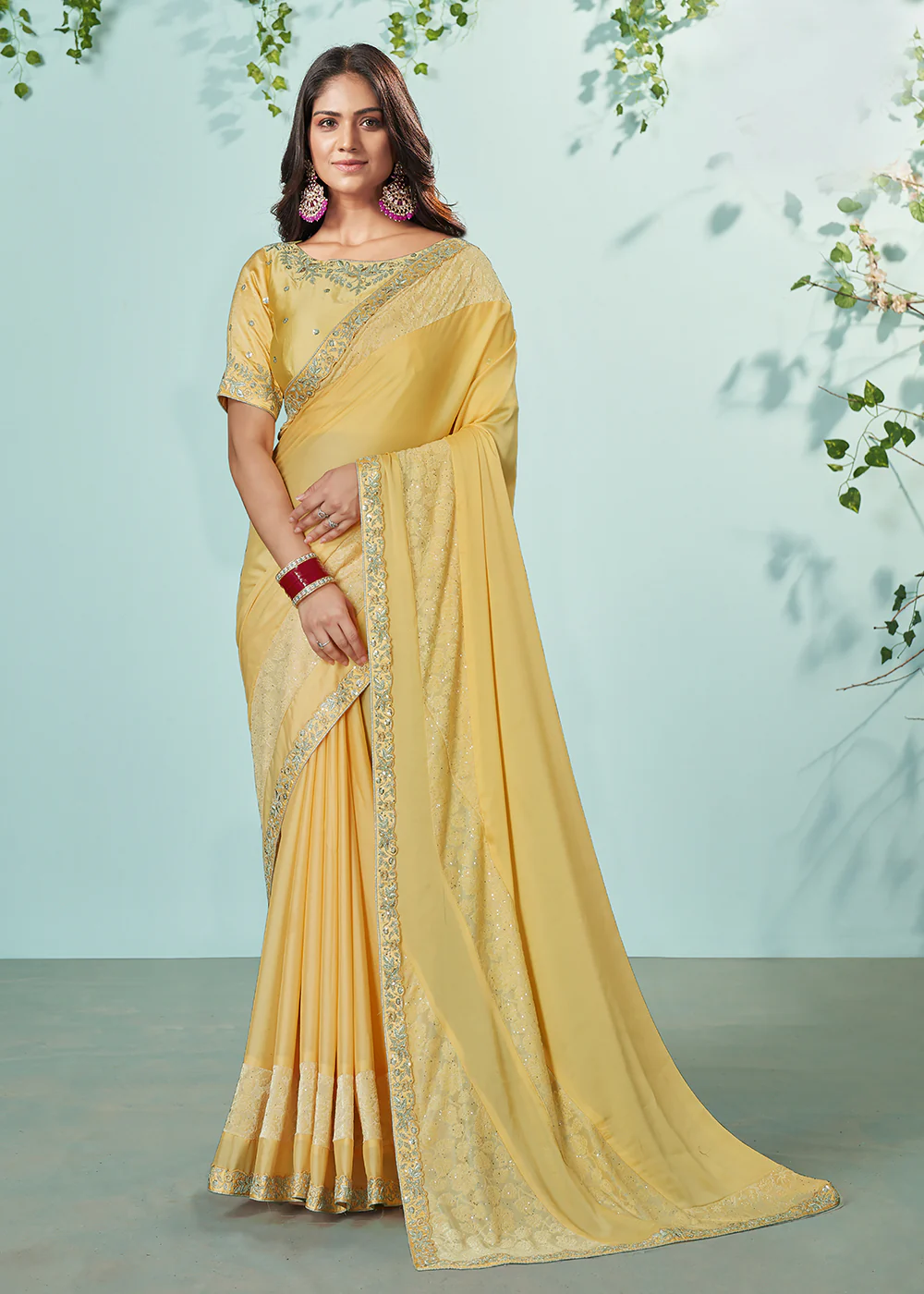 Yellow Georgette Silk Embroidered Designer Saree
